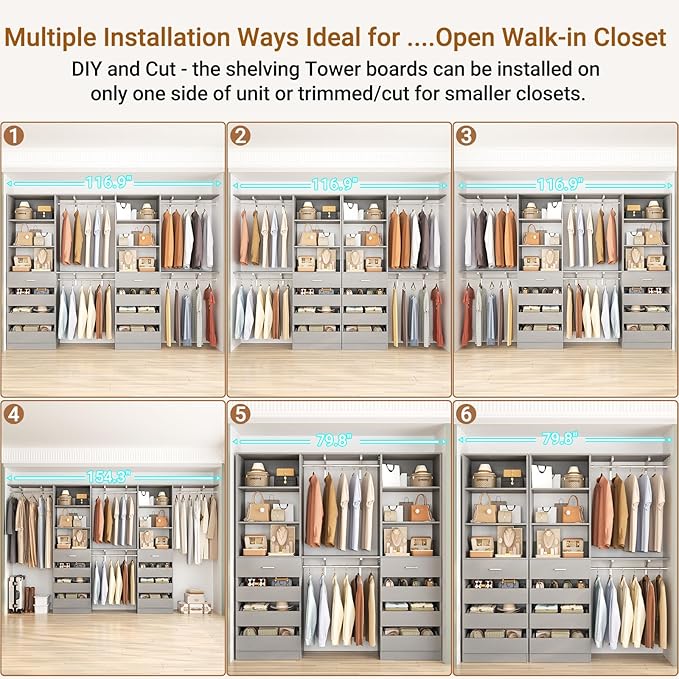 Aheaplus Closet System with 8 Wooden Drawers, Wood Closet Organizer System with Tower, Walk-in Closet Organizer Wardrobe Clothes Rack with 4 Hanging Rods, Garment Rack, Cut to Fit 7-12Ft, Grey
