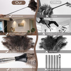 THARAHT Extendable Ostrich Feather Duster up to 16-47 inches Fluffy Feathers Long Handle Reusable for Cleaning Ceiling Fan Pendant lamp High Ceiling Blinds Furniture Feather Duster
