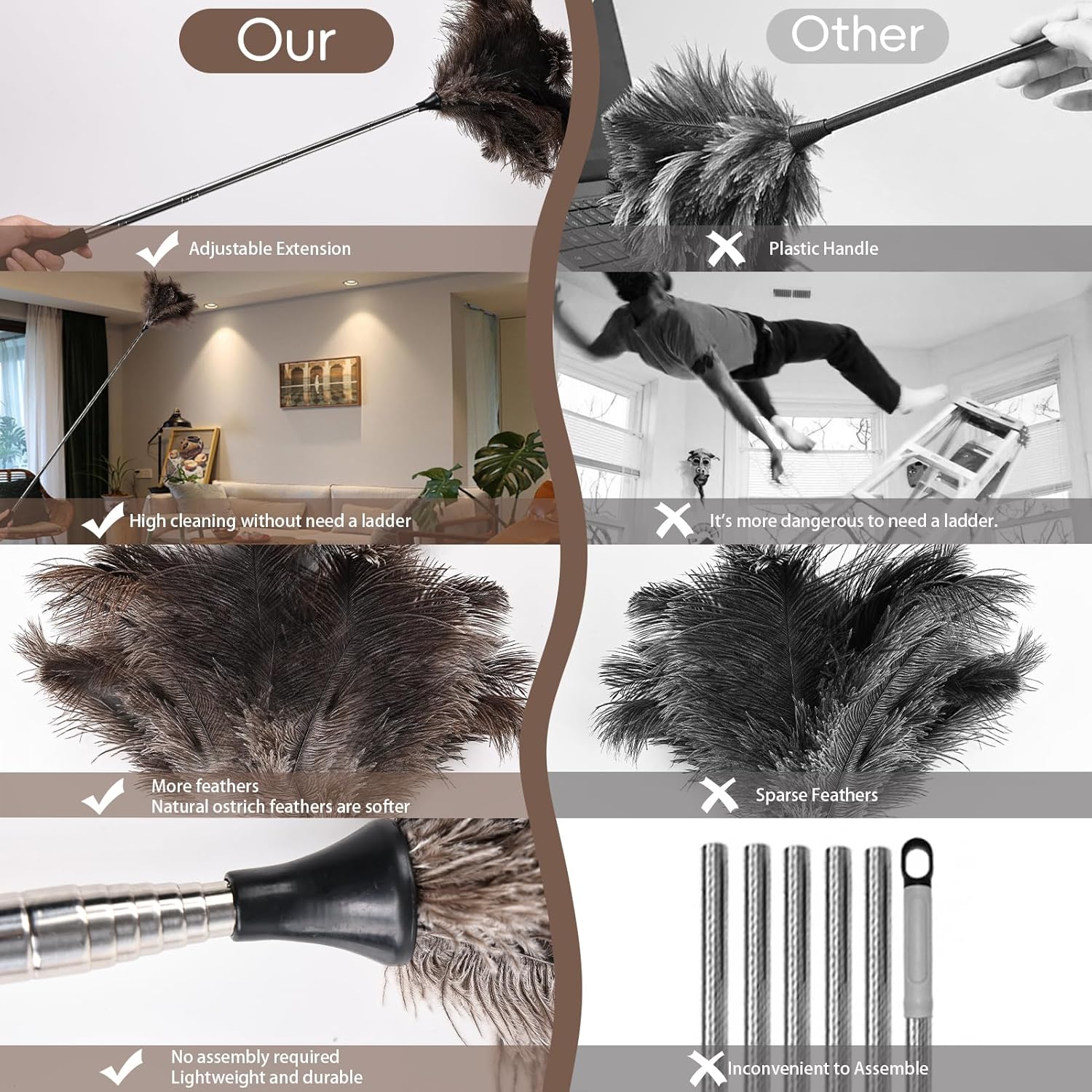 THARAHT Extendable Ostrich Feather Duster up to 16-47 inches Fluffy Feathers Long Handle Reusable for Cleaning Ceiling Fan Pendant lamp High Ceiling Blinds Furniture Feather Duster