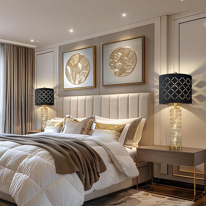 Oneach 27.75" Modern Table Lamps Set of 2, Gold Bedside Lamp with Crystal Nightlight, USB A+C, Black Grid Shade, Unique Desk Lamps for Living Room, Bedroom, Nightstand, End Table (2 Bulbs Included)