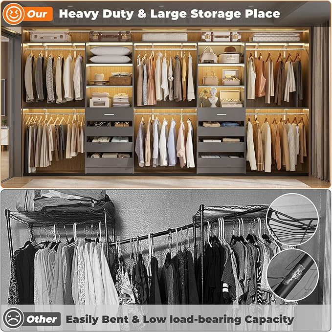 Aheaplus Closet System with Drawers Set of 2, Wood Closet Organizer System with 8 Hanging Rods & Top Shelves, Walk-in Closets Organizer Wardrobe Clothes Rack System, Cut Fits Spaces 4-9FT. Wide, Grey