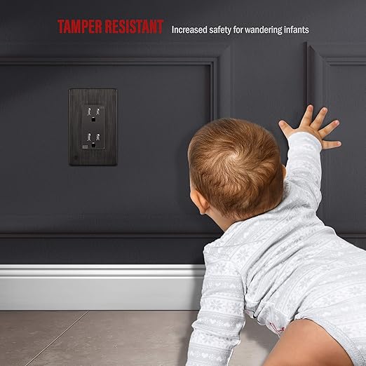 ENERLITES 61501 Elite Series Decorator Receptacle, Child Safe Tamper-Resistant Outlet, Gloss Finish, Self-Grounding, Residential Grade, 15A 125V, 61501-TR-DBWBP, Brushed Dark Bronze With Wall Plate