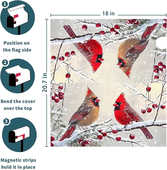 Kawani Winter Mailbox Cover Christmas Birds Holly Berry Branches Snow Mailbox Covers Magnetic Standard Size 21x18 Inch Winter Xmas Holiday Post Letter Box Cover for Garden Yard Decor
