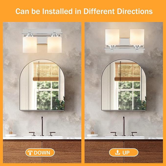 2 Light Modern Bathroom Light Fixtures Over Mirror, Chrome Vanity Lights for Bathroom Wall Sconces with Milky White Glass Shades, E26 Socket (Bulbs Not Included)