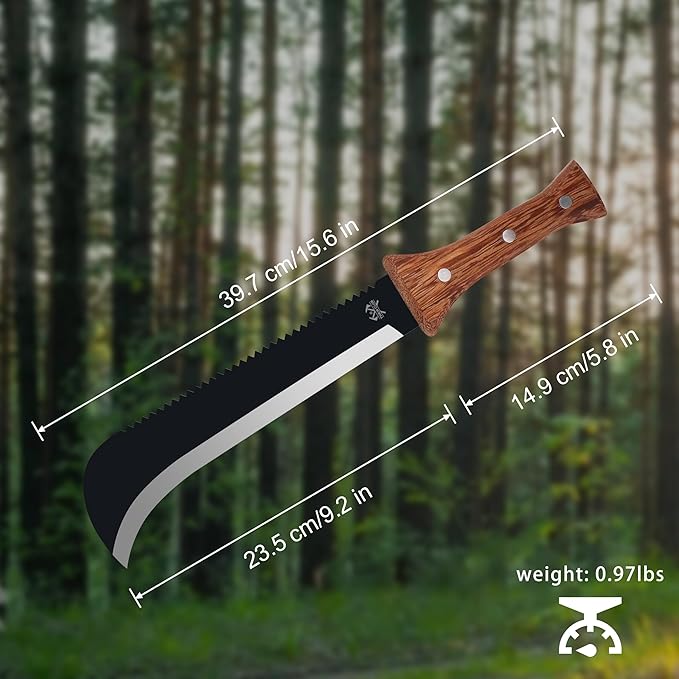 Billhook Sickle Machetes with Saw, Sharp Machete with No-Slip Wood Handle and Nylon Sheath, Sickle Survival Knife Machete for Gardening, Camping, Hunting, Survival, Bushcraft and Yard Work
