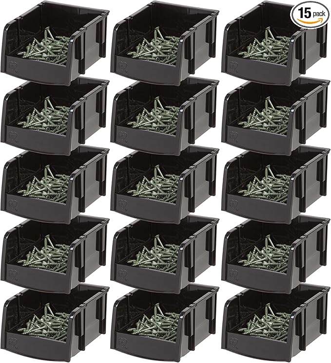 IRIS USA Extra Small Stackable Storage Bins, 15-Pack, 5.5 x 4.5 x 3 inch, |Made in USA|, Plastic Open Front Shelf Bin for Organizing Parts, Hardware, Tools, Supplies, Garage Shelf, Pantry - Black