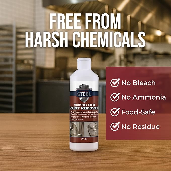 Stainless Steel Rust Stain Remover & Cleaner, NSF Approved Safe for Food Areas. Non-Toxic Stainless Steel Cleaner for Appliances is Perfect for Commercial Use, Your Fridge, Best Knife, Pan (17 oz)