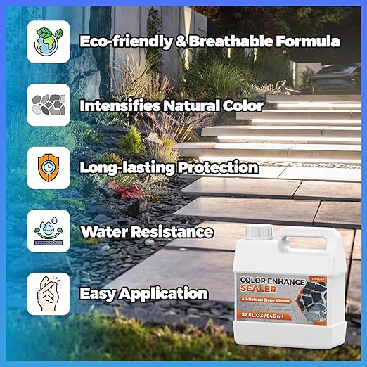 1 Gallon Wet Look Stone Sealer, High Gloss Paver Sealer for Outdoor Surfaces (Travertine, Slate, Sandstone, Concrete)– Waterproof, Provides Natural Color Enhancement for Driveways, Patios