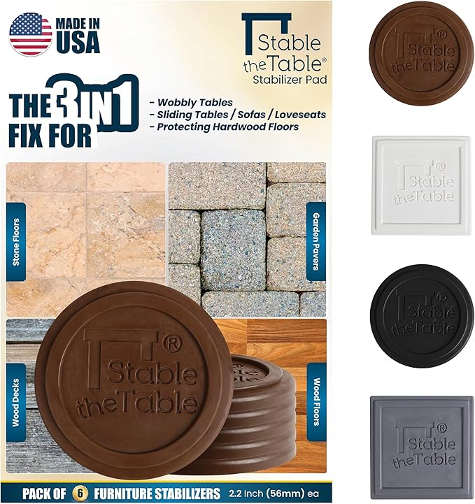 Stable the Table-6 Pack-Walnut Round, Furniture Leveler & Riser, Anti-Slip Sofa Gripper for Hardwood Floors, Floor Protector, Stacking Furniture Pad, Bed, Desk, Couch & Table Stabilizer, Made in USA