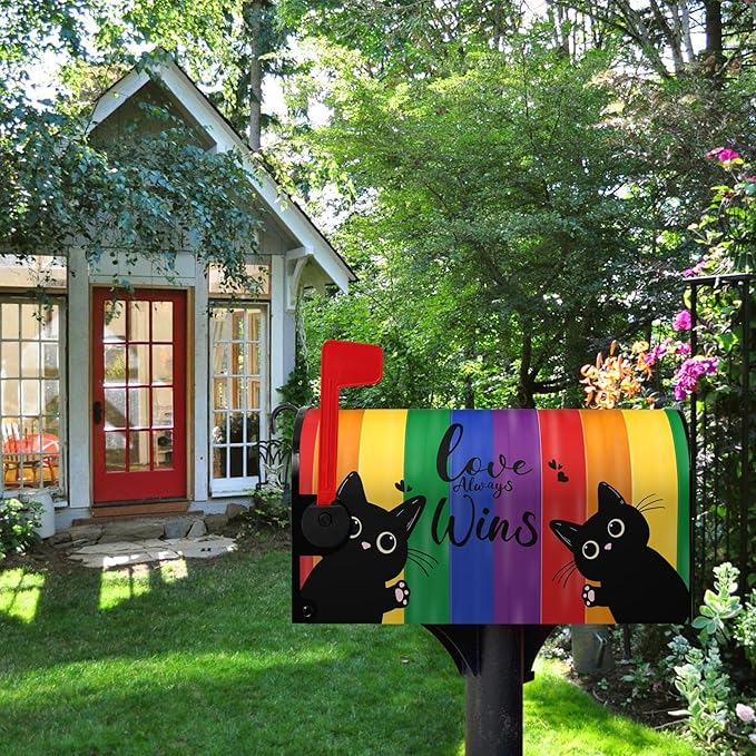 Rainbow Gay Pride Magnetic Mailbox Covers Standard Size 21 x 18 Inch Black Cat Love Always Wins Mailbox Post Cover LGBTQ Letter Box Wraps Waterproof Garden Yard Home Decor for Outside