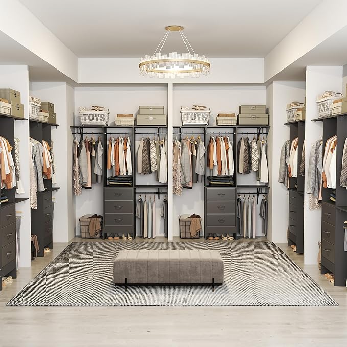 YOUDENOVA 5FT Wood Closet System with 3 Drawers, 59 Inches Wood Closet Organizer System, Walk-in Closet Built In System Tower with Shelves, Closet Wardrobe Clothes Garment Rack, Black