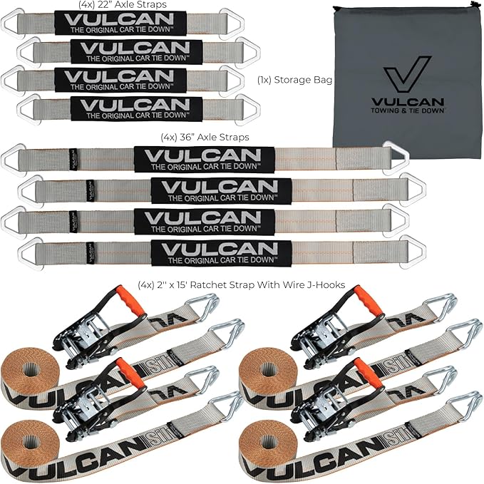 VULCAN Complete Axle Strap Tie Down Kit with Wire J-Hook Ratchet Straps - Silver Series Webbing - Includes (4) 22 and (4) 36 Inch Axle Tie Downs, and (4) 8' Wire Hook Straps