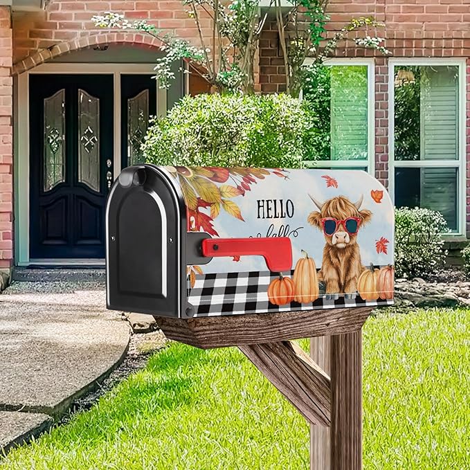 Fall Highland Cow Pumpkin Mailbox Cover Magnetic Standard Size 21x18 Inch Autumn Decorative Post Letter Box Wrap Decor Garden Yard Decoration