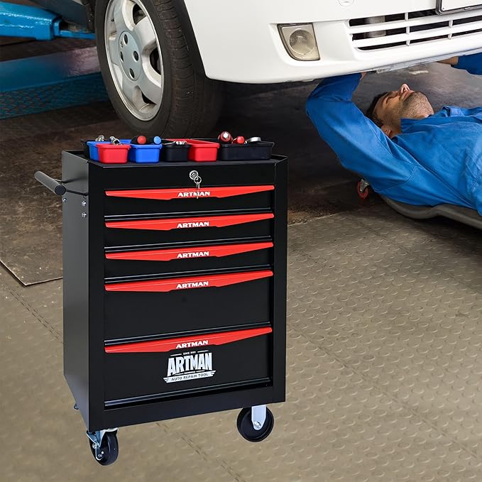 5 Drawers Rolling Tool Box on Wheels, Multifunctional Tool Chest Cabinet with Lock, Drawers Rolling Tool Cart Trolley Organizer Tool Storage Case for Warehouse,Garage,Workshop (Black&Red)