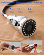 Kitchen Faucet Head Replacement, Pull Down Faucet Spray Head, 3 Function Faucet Tap Spout Sprayer Nozzle for Kitchen Faucet with 11 Adapters, Chrome