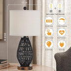 Touch Control Rattan Table Lamps, 3 Way Dimmable Bedside Lamps for Bedroom Set of 2 with 2 USB Ports and AC Outlet, Black Wicker Nightstand Lamps for Living Room (LED Bulbs Included)