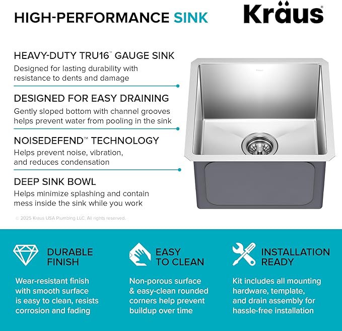 Kraus Kitchen Sink - Kraus Standart Pro 17-Inch Undermount Single Bowl, 16 Gauge Stainless Steel Kitchen Sinks, KHU101-17