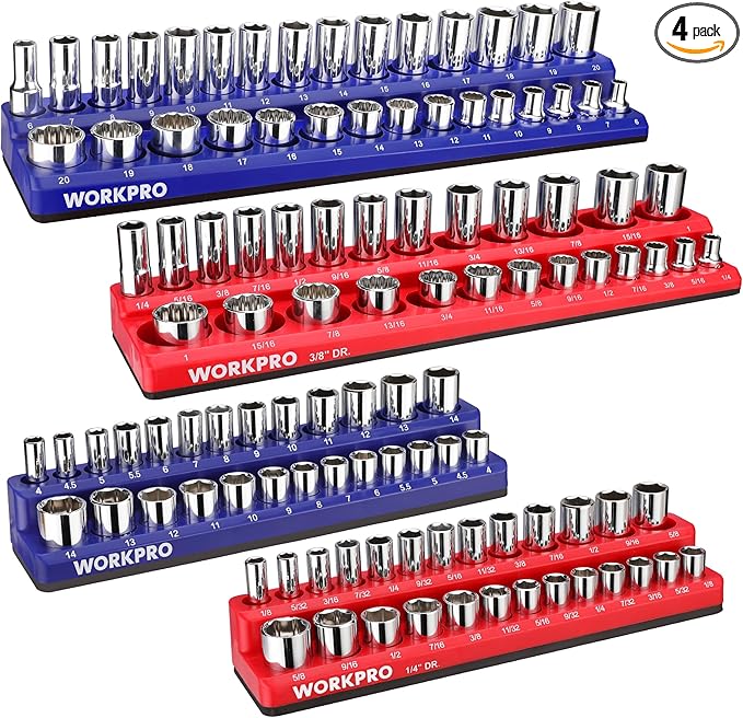 WORKPRO Magnetic Socket Organizer Set, 4-Piece Socket Holder Set Includes 1/4", 3/8" Drive Metric & SAE Socket Trays, Holds 108 Pieces Standard and Deep Size Sockets (Sockets not Included)