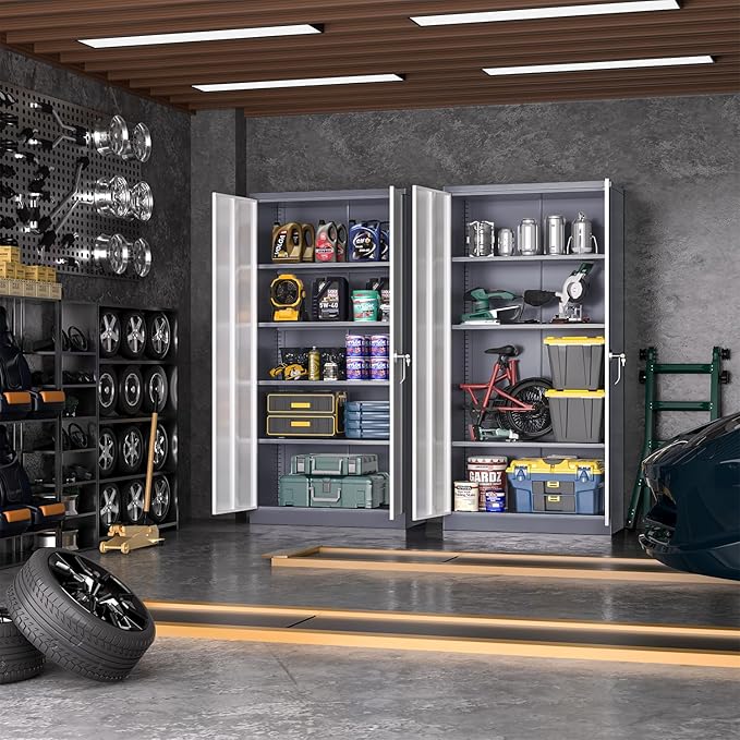 Greenvelly Metal Storage Cabinet with 2 Doors and 4 Adjustable Shelves, Lockable Steel Tool Cabinet for Home, Office, Garage, Classroom (Grey White)