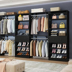 [10 FT Closet System] Reversible Set of 2 Wood Closet Organizer System with 2 Drawers, 4 Hanging Rods Adjustable Shelf, Walk In Closet Organizers with Shoe Rack, Garment Rack Clothes Rack, Black