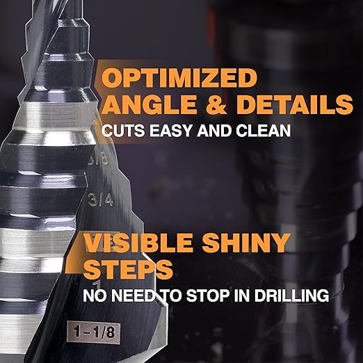 Heavy Duty M35 HSS 1/4 to 1-1/8 Inch Step Drill Bit with Double Flutes, Large High Speed Steel Step Bit for Stainless Steel, Metal, Wood