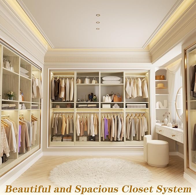 Unikito 100” Closet System, 8.3FT Wood Closet Storage Organizer with 8 Hanging Rods, Adjustable Large Walk in Wardrobe Closet Tower, Sturdy Clothes Garment Rack, Easy Assembly, Set of 4, White Oak