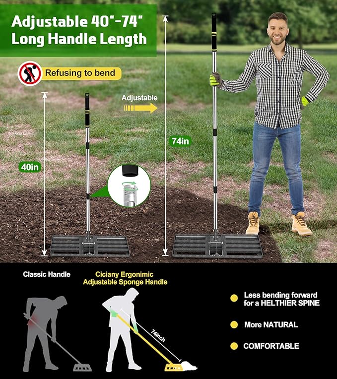 Lawn Leveling Rake, 30x10 Inch Heavy-Duty Levelling Rake with 6.2FT Adjustable Stainless Steel Handle, Lawn Leveler Tool for Yard, Garden, Golf Course, Farm Pasture