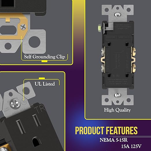 ENERLITES, Dark Bronze Elite Series Decorator Receptacle Outlet Child Safe Tamper-Resistant, Self-Grounding, 2-Pole, Residential Grade, 15A 125V, UL Listed, 61501-TR-DB