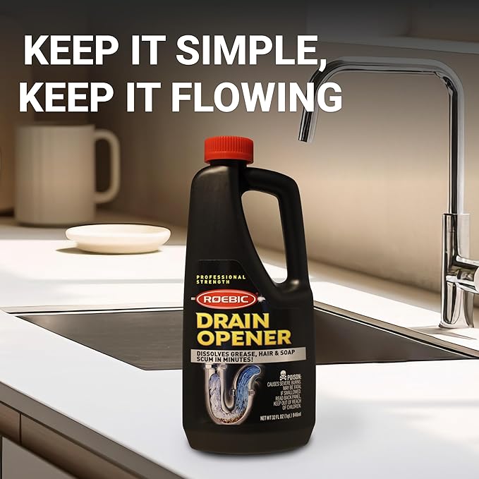 Roebic Liquid Drain Cleaner, Kitchen Sink Grease and Pipe Clog Remover, Professional Strength, 32 fl oz (1 Quart)