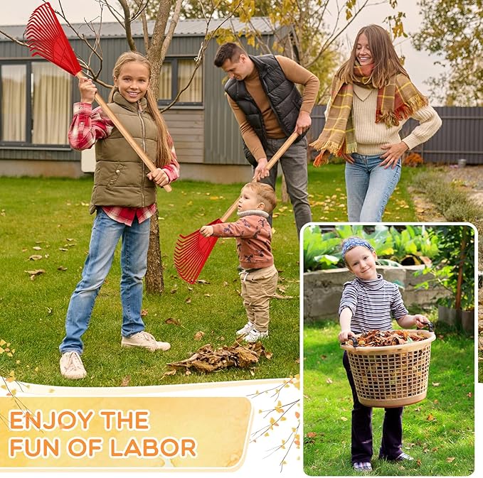 Macarrie Pack of 3 Kids Rakes with Hardwood Handle Lawn Garden Rake for Kids Gifts to Sweep Fall Leaves in Lawn and Tidying up The Garden Made of Wood and Plastic, 34.6 Inch(Red)