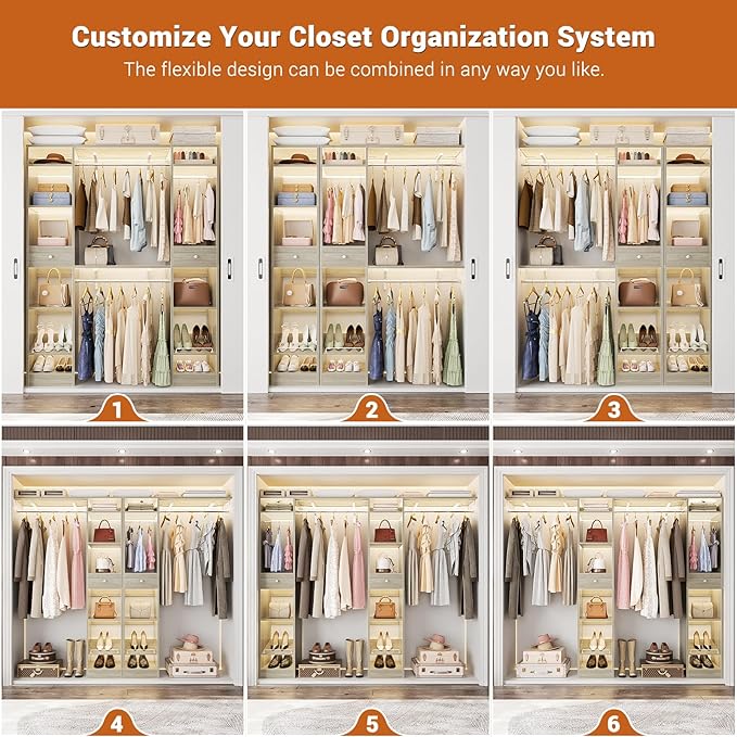 Unikito 58" W - 90" W Closet System, Large Walk in Closet Organizer with 3 Hanging Rods and Shelves, Heavy Duty Wood Closet Wardrobe with 2 Drawers and Shoe Rack, Reversible Clothing Rack, White Oak