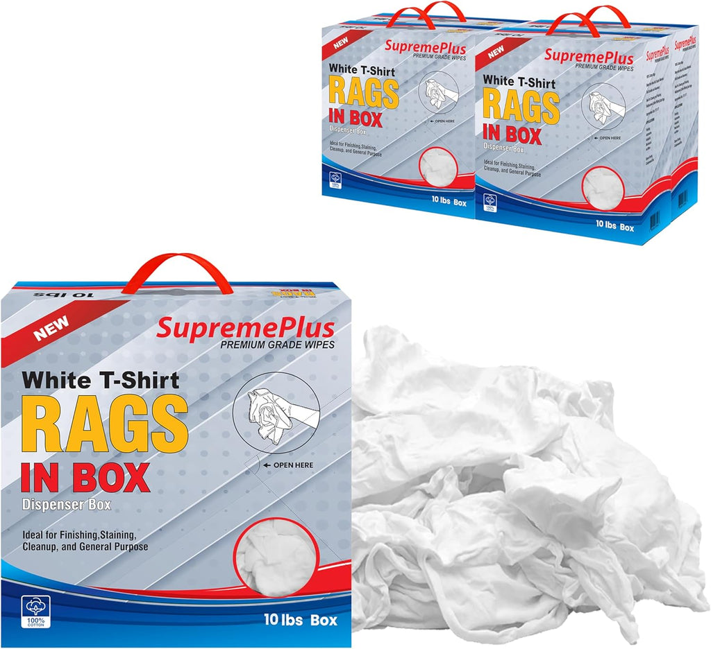 Premium White T-Shirt Cleaning Rags (10 lbs. Compressed Box - Pack of 4) – White Cotton Cloths for Cleaning, Staining, Painting, Oil, Grease & Dust Removal