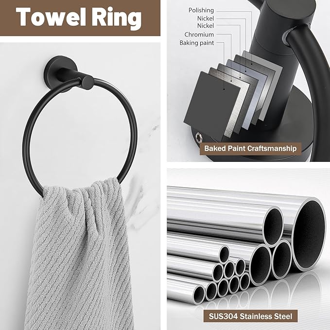Matte Black Towel Bar Set 10 Pieces Bathroom Hardware Accessories Set Towel Rack Set for Bathroom SUS304 Stainless Steel Toilet Paper Holder Wall Mounted, 23.6 Inch