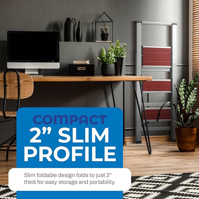 Step Ladder 3 Step Folding, Decorative - Beautiful Mahogany & Silver Aluminum, Ultra Slim Profile, Anti Slip Steps, Sturdy-Portable for Home, Office, Kitchen, Photography Use,by SORFEY