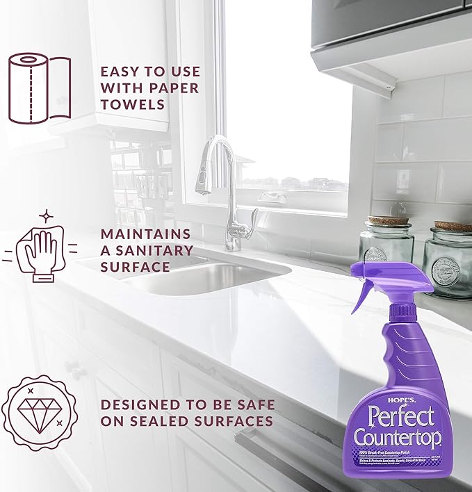 HOPE'S Perfect Countertop Cleaner and Polish 22-Ounce, Streak-Free Multi-Surface Cleaning Spray, Safe on Stone, Laminate, CORIAN, Granite, Quartz, Marble, Pack of 12