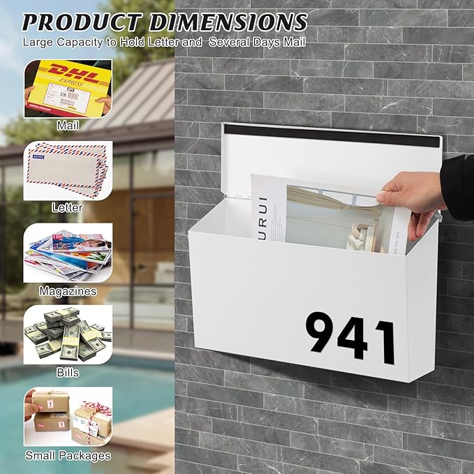 KYODOLED Wall-Mount Mailbox, Large Capacity Mail Box, Galvanized Steel Rust-Proof Metal Post Box, Mailboxes for Outside,15.7"x9.9"x4.9" White
