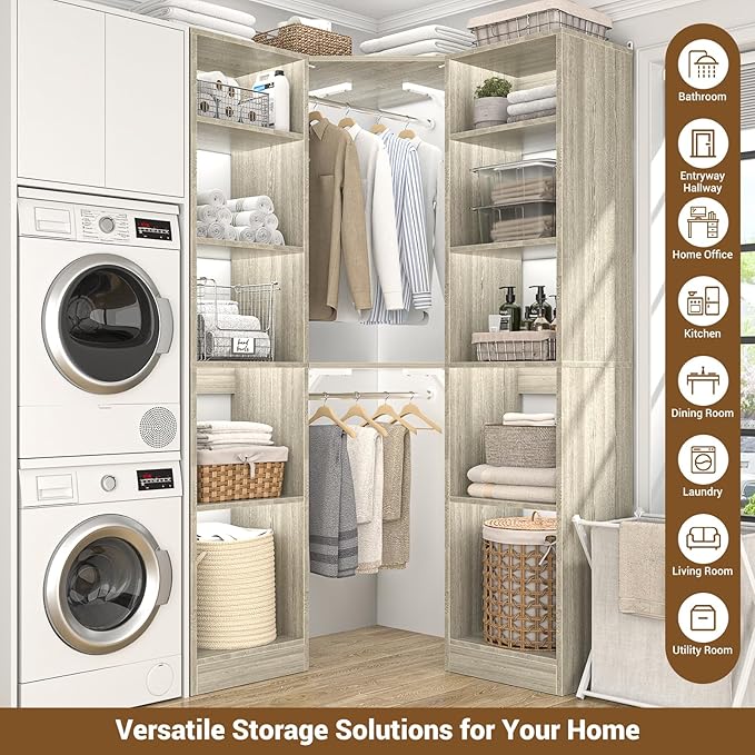 Corner Closet System with 12 Shelves, 39.2" Corner Closet Organizer System with 2 Hanging Rods, Versatile 6-Tier Walk-in Closets for Corner Space, White Oak (39.2" L x 39.2" W x 80" H)