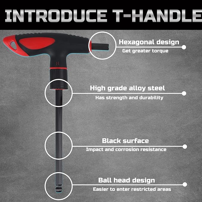 Lichamp 16 Pieces SAE and Metric T Handle Allen Wrench Set, 5/64-3/8 inch, 2-10mm, Ball Head, Standard Long Tee Handle Allen Hex Key Set, Heavy Duty Excellent