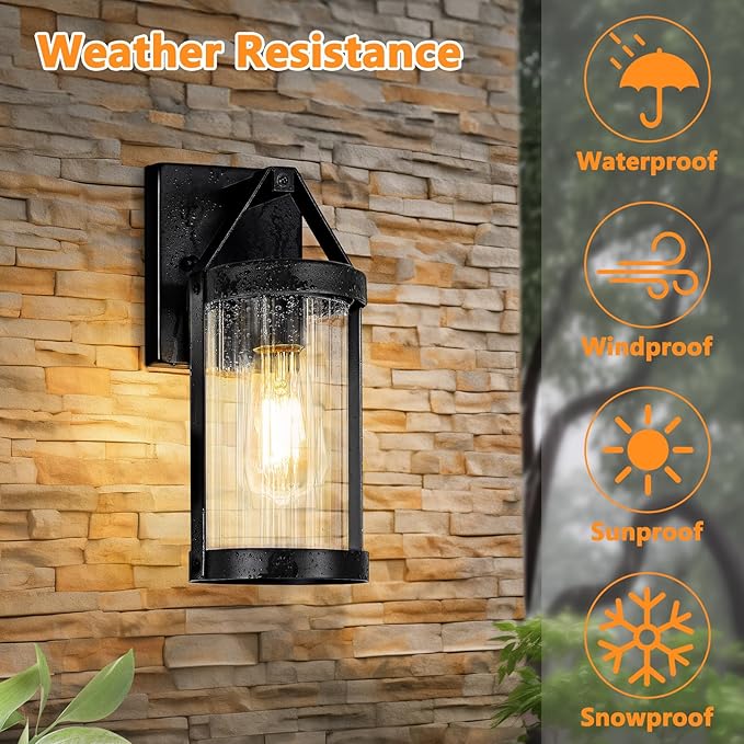 Outdoor Wall Light Fixtures, Waterproof Matte Black Exterior Wall Lantern Sconce Porch Lights, Outside Lighting with Clear Ribbed Glass for House, Garage, Front Door, 2-Pack