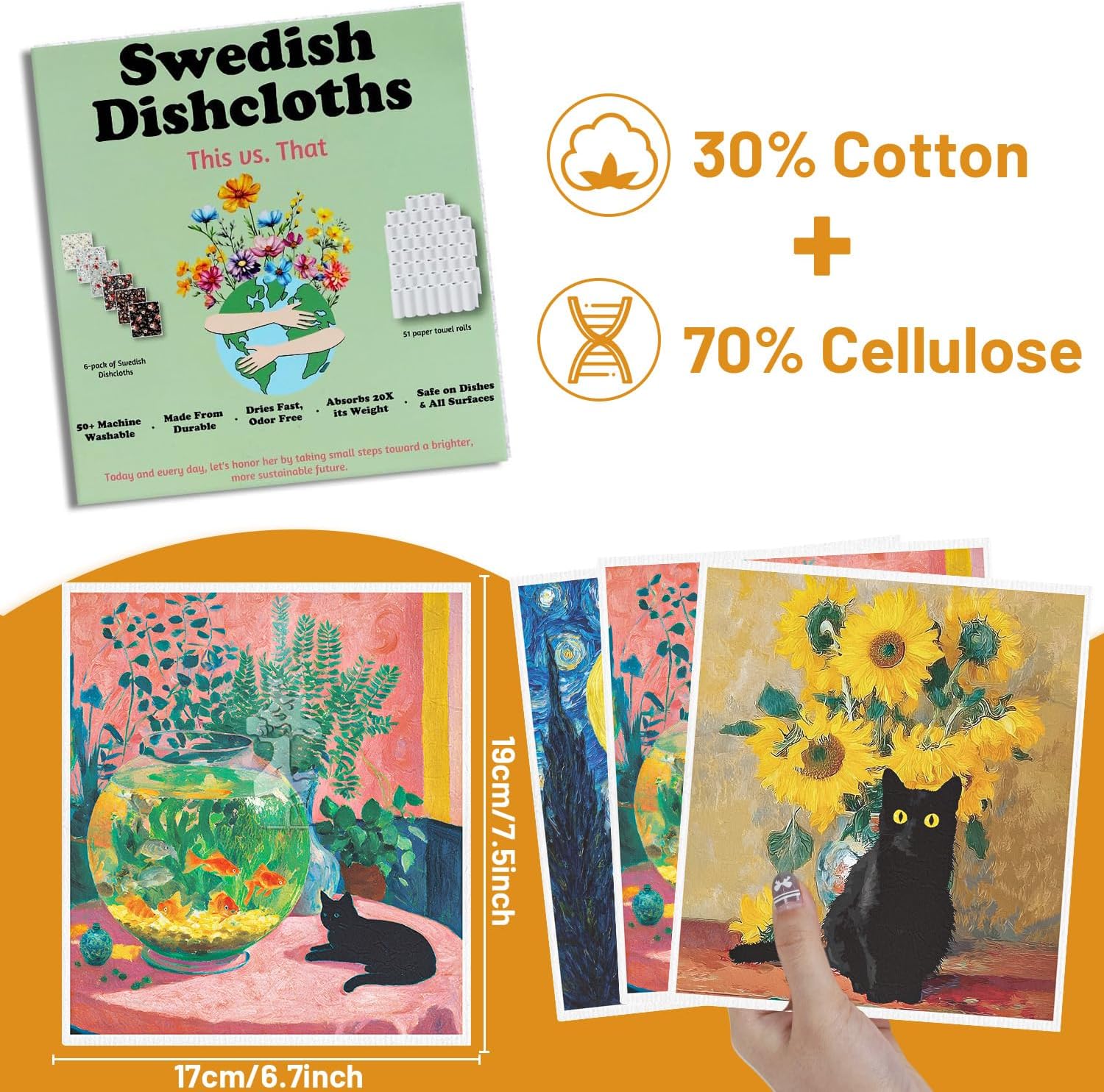 Oil Painting Swedish Dishcloths for Kitchen, 6 Pack Black Cat Wall Art Reusable Paper Towels Washable, Absorbent Dish Rags for Washing Dishes Housewarming Gifts