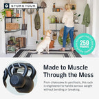 StoreYourBoard Wall-Mounted Rack With 4 Garage Hooks, Gray – Heavy-Duty Steel Holder Garage & Garden Storage for Shed, Workshop, or Home Organization – For Rakes, Shovels, Tools & More – 1 Pack, Gray