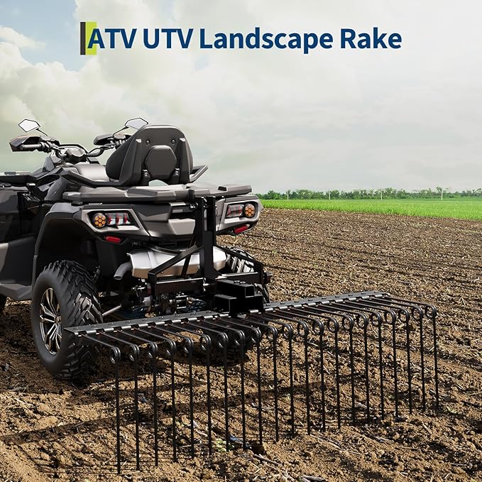 Tow Behind Landscape Rake, 48" Tow Dethatcher with 17 Steel Coil Tines, Lawn Dethatcher Rake Attaches to 48" or 60" Toolbars and 3-Point Suspension Systems, for Leaves, Pine Needles, and Grass, Black