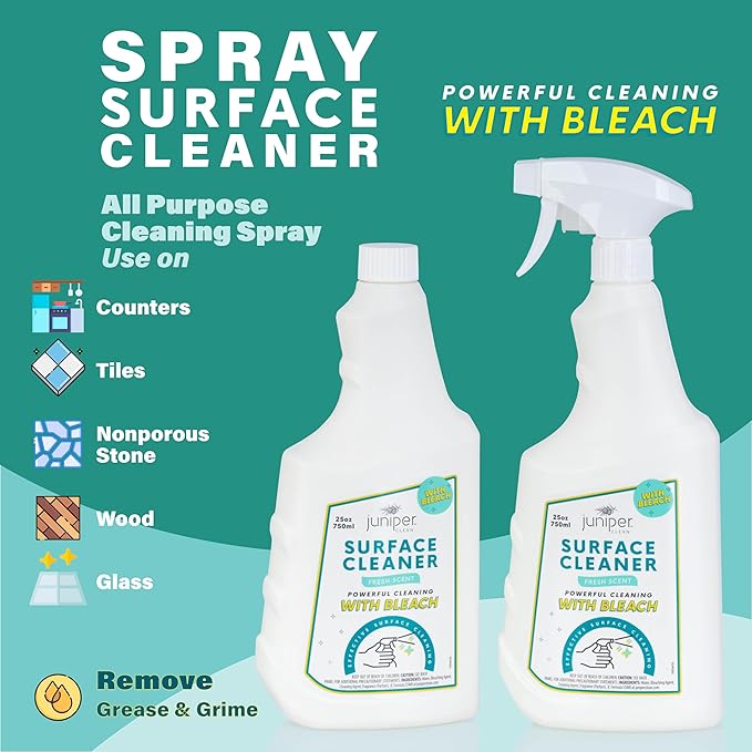 Juniper, Surface Cleaner With Bleach, All-Purpose Cleaner for Bathroom, Kitchen, Toilet, 25 Fl. Oz Trigger Spray Bottle, (Pack of 4), Total 100 Ounce