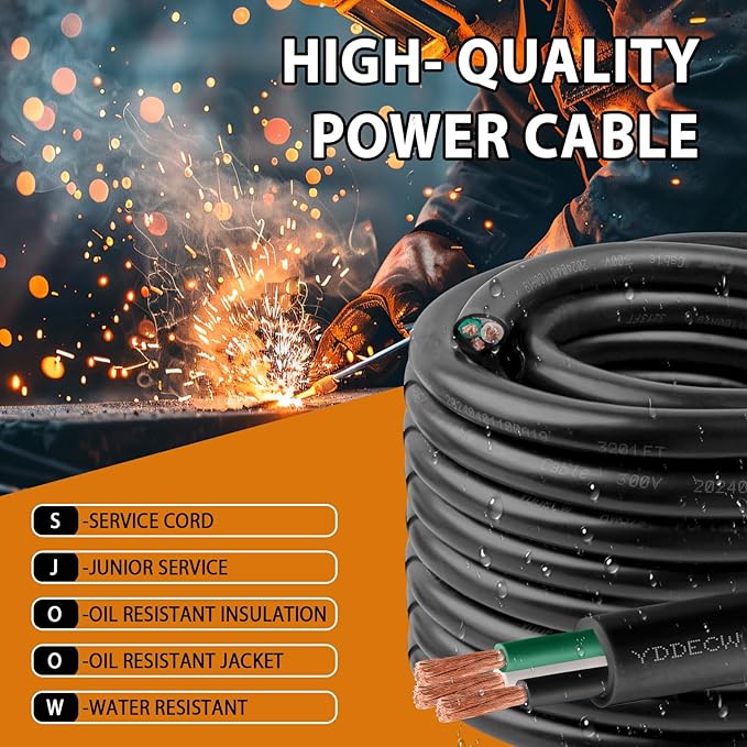 75ft 10/3 10 AWG Portable Power Cable (3 Conductor) - SJOOW 300V 10 Gauge Electric Wire for Motor Leads, Portable Lights, Battery Chargers and Machinery - 3 Conductor - 75 Feet Electrical Cord