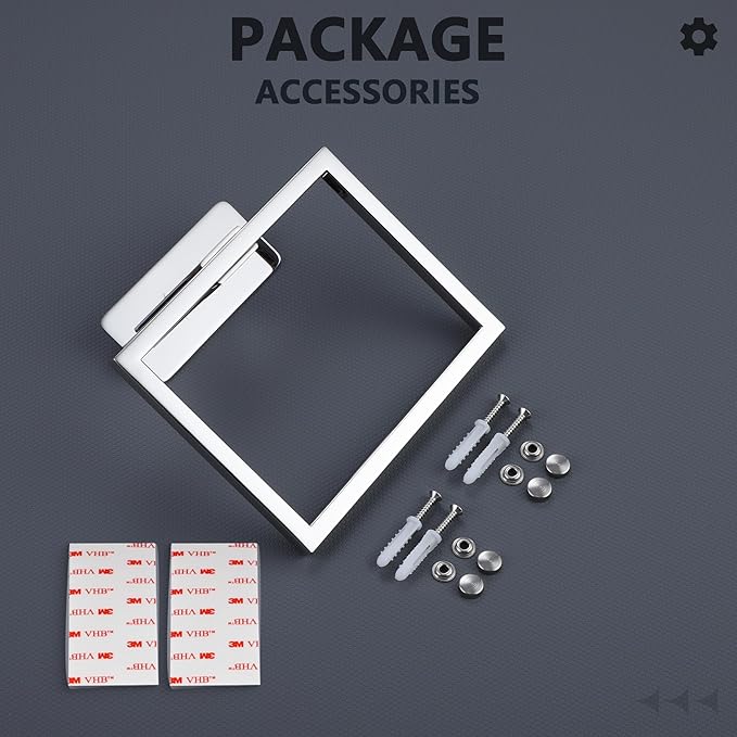 LANC Hand Towel Rings for Bathroom Wall Mount Chrome Polished Square Self Adhesive Hand Towel Holder for Lavatory Bathroom Hardware Accessories Stainless Steel Modern Shower Towel Racks, A8396CP