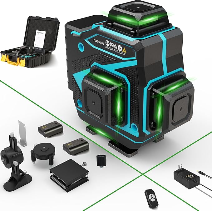 Floor Laser Level 360 Self-leveling - Tile 4 x 360 Green Beam Cross Line Laser Leveler Tool - 16 lines 4D Ceiling Nivel Laser for Construction with Hard-Sided Case and 2 Batteries