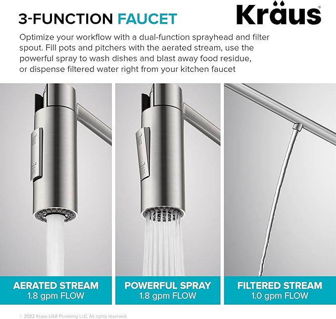 KRAUS Oletto 2-in-1 Commercial Style Pull-Down Single Handle Water Filter Kitchen Faucet for Reverse Osmosis or Water Filtration System in Spot-Free Stainless Steel, KFF-2631SFS