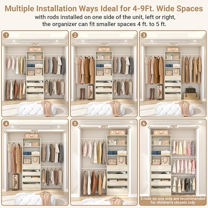 Aheaplus 4-9Ft Closet System, Closet Organizer with 4 Wooden Drawers, Wood Closet Organizer System with Tower, Walk-in Closet Organizer Wardrobe and Storage with 4 Hanging Rods, White Oak