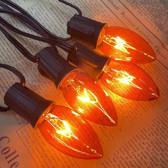 C9 Orange Halloween Light Bulbs, 25-Pack E17 Base, Waterproof Outdoor Bulbs for Halloween Decorations, Patio & Yard Lighting, Spooky Glow for Parties, Pathway & Events