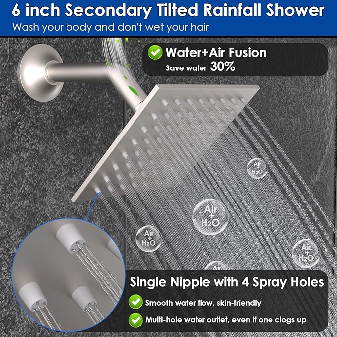 Enga 10 Inch + Dual 6-Inch Rain Shower System, Four Modes Diverter Shower Faucet with Handheld, Luxury Rain Mixer Shower Combo Set, Brushed Nickel